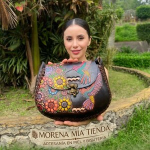 Hand-Tooled Floral Hummingbird Leather Backpack - Multicolor Mexican Leather Crossbody Bag - Hand Tooled Floral Purse  main image 3