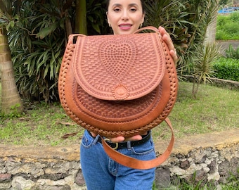 Leather Shoulder Bag with Heart Design – Handmade Crossbody Artisan Purse, Unique Boho Gift