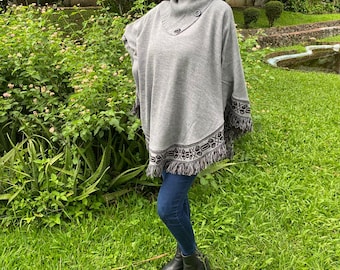 Handmade Wool Blend Poncho: Light Gray Cape with Fringe, Boho Shawl