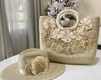 Handmade Palm Bag & Hat Set: Mexican Floral Straw 