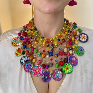 Mexican Floral Necklace & Earrings Set Handmade Colorful Beaded Jewelry Fiesta Statement Artisan Gift