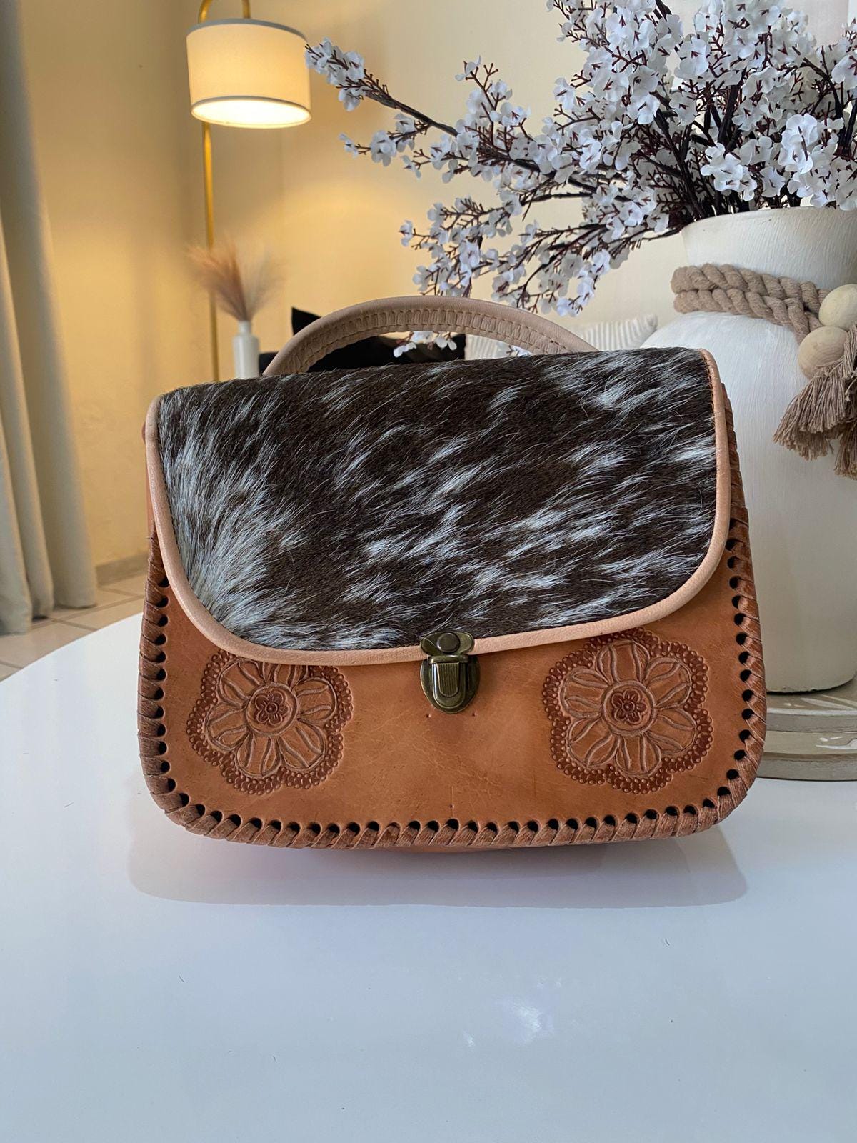 Tooled Leather Sling Backpack Floral Made In Mexico Boho Cream/Brown 9\