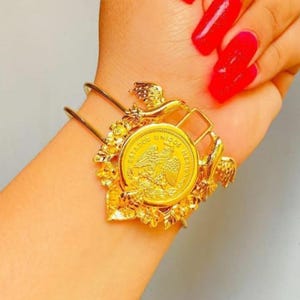 Handcrafted Mexican Coin Bracelet – Gold-Plated Filigree Bangle with Eagle Emblem – Artisan Jewelry for Women & Cultural Statement Piece