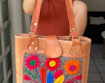 Handmade Mexican Leather Tote Bag: Embroidered Floral Boho Purse