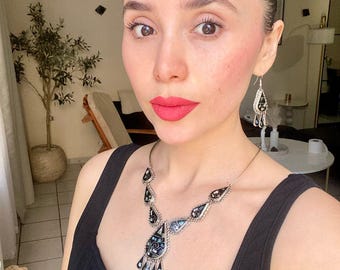 Ręcznie robiony naszyjnik ze srebra alpaki z kolczykami: meksykańska biżuteria boho z abalonu