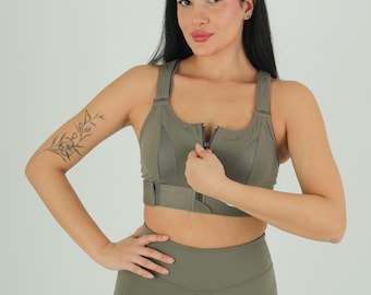 Selecius - Sujetador deportivo de sujeción para mujer, top corto con cremallera frontal y tirantes ajustables, ropa deportiva para gimnasio, yoga y pilates, azul marino y caqui