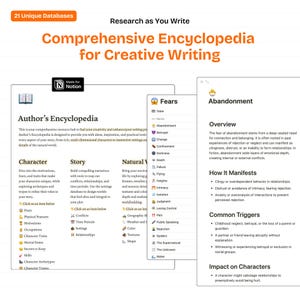 May include: A screenshot of a website with a light blue background and a white text box. The text box contains the title "Comprehensive Encyclopedia for Creative Writing" and a description of the website's features. The website is designed to help writers create compelling characters, stories, and settings.