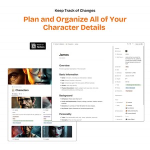 May include: A screenshot of a Notion page with a character profile template. The template includes sections for basic information, background, personality, and traits. The character's name is James.