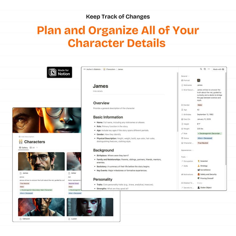 May include: A screenshot of a Notion page with a character profile template. The template includes sections for basic information, background, personality, and traits. The character's name is James.