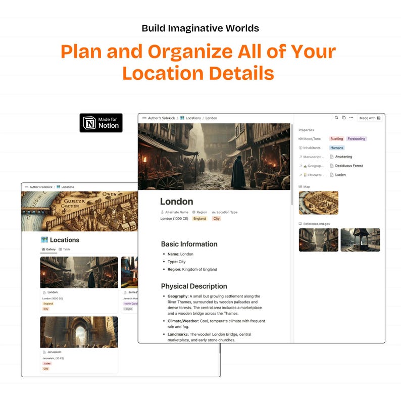 May include: A screenshot of a Notion page with a detailed description of a fictional location called London. The page includes basic information, a physical description, and reference images. The page is designed to help users create immersive and detailed worlds for their stories or games.