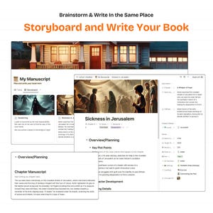 May include: A computer screen displaying a writing software program with a storyboard and manuscript section. The storyboard section shows two images of a woman in a dark cloak with a sword. The manuscript section shows a scene of a crowded street in Jerusalem with a title "Sickness in Jerusalem".