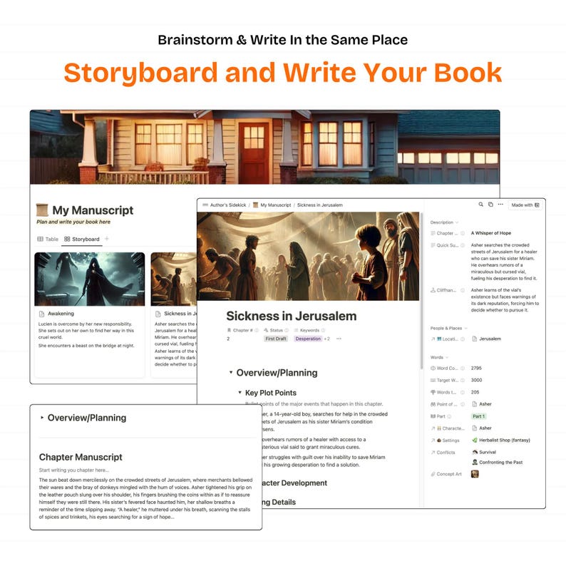 May include: A computer screen displaying a writing software program with a storyboard and manuscript section. The storyboard section shows two images of a woman in a dark cloak with a sword. The manuscript section shows a scene of a crowded street in Jerusalem with a title "Sickness in Jerusalem".
