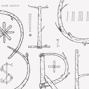 May include: Black and white illustration of the word "Birch" spelled out using stylized branches and twigs.