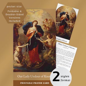 Gebedskaart Mary Undoer of Knots Gebedskaart Katholieke digitale download Afdrukbare noveen Onze-Lieve-Vrouw Knoopknopen Opvouwbaar dubbelzijdig