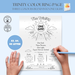 Könnte beinhalten: Schwarz-weiß Trinity-Malvorlage mit dem Text "Trinity Colouring Page" und "Three Colours Blend Into One Light". Die Seite enthält die Wörter "Father", "Son" und "Holy Spirit". Erhältlich in den Größen A3, A4 und US Letter.