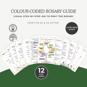 Tarjetas imprimibles con guía del rosario codificadas por colores, ayuda visual para aprender a rezar el rosario, tarjetas de oración católicas