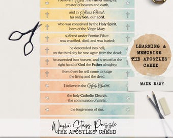 May include: A colorful washi strips puzzle with the text "I believe in God, the Father almighty..." and "The Apostles' Creed." The image includes a pair of scissors, pencils, and a candle. The theme is learning and memorization.