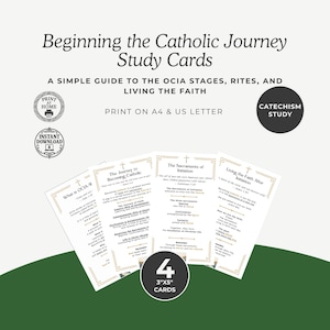 May include: A set of four study cards, each 3"x5", with gold borders and text. The cards cover topics like OCIA stages, rites, and living the faith. The title "Beginning the Catholic Journey Study Cards" is at the top. Includes "Catechism Study" and "Instant Download" icons.