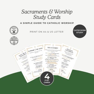 May include: Study cards for Catholic worship, featuring the text "Sacraments & Worship Study Cards" and "A Simple Guide to Catholic Worship." The cards are 3"x5" in size and include topics like "The Eucharist" and "The Seven Sacraments."