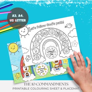 May include: A coloring sheet and placemat featuring the Ten Commandments. The design includes a rainbow with illustrations representing each commandment, along with the text "Let's follow God's path!" and "The 10 Commandments". The sheet is designed for A3, A4, and US Letter sizes.