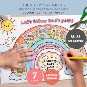 Peut inclure: Un kit d'artisanat imprimable pour enfants sur les Dix Commandements, avec un arc-en-ciel et des illustrations. Le texte comprend "Let's follow God's path!". Disponible en formats A3, A4 et US Letter. Le pack contient 7 pages et est la version catholique.