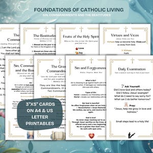 Fundamentos de la vida católica Mandamientos Bienaventuranzas Tarjetas de estudio católicas Virtudes Pecado Espíritu Santo Perdón RCIA Tarjeta de estudio imprimible PDF