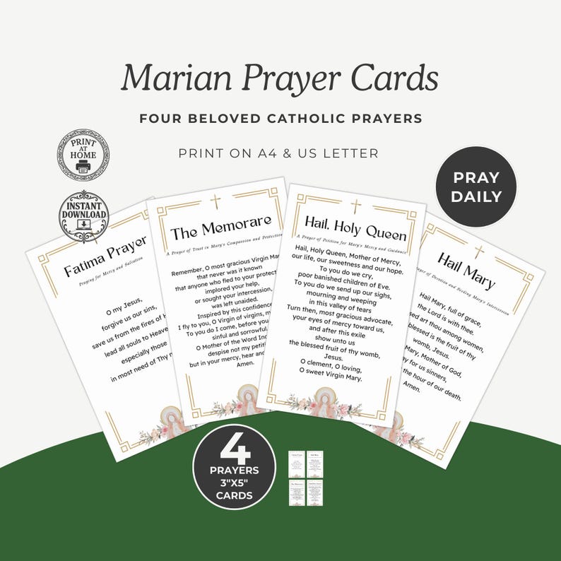 Marian Prayer Cards Printable, Hail Mary, Memorare, Hail Holy Queen ...