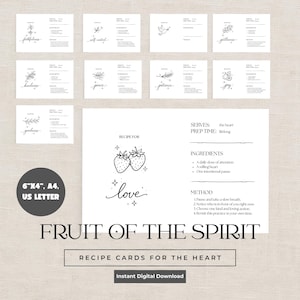 May include: A collection of white recipe cards with black text and illustrations. The cards feature words like "faithfulness," "self-control," and "joy." The main card has a strawberry illustration and the word "love." The text "FRUIT OF THE SPIRIT" is also visible.