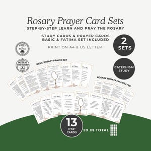 Conjuntos imprimibles de tarjetas de oración del rosario, guía del rosario católico, oración de Fátima y tarjetas básicas del rosario, tarjetas de oración católicas de 3x5 en PDF