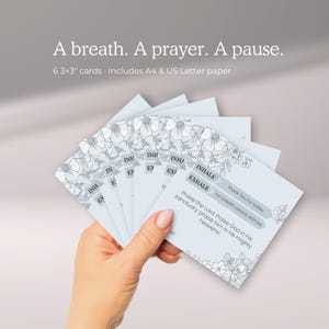 May include: A set of light blue 6x3 inch cards with floral designs and the words "Inhale" and "Exhale." The cards include the text "A breath. A prayer. A pause." and "Praise the Lord." Includes A4 & US Letter paper.