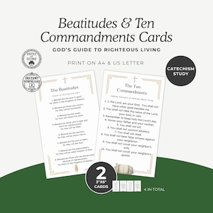 Beatitudes & Ten Commandments Printable Cards, Catholic Catechism Study Aid, Faith Formation Printable