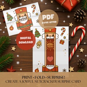 May include: A Christmas-themed digital download featuring a nutcracker design. The image includes a red and white candy cane, a Christmas tree, and the text "MERRY CHRISTMAS". The card is designed to be printed, folded, and used as a surprise card.