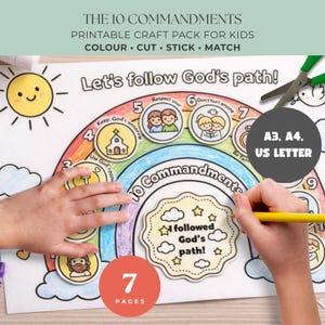 May include: A printable craft pack for kids featuring the text "The 10 Commandments." The colorful design includes a rainbow, illustrations, and the phrase "Let's follow God's path!" The pack includes 7 pages and is available in A3, A4, and US Letter sizes.
