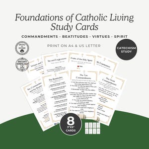 Tarjetas de estudio católicas imprimibles: Mandamientos, Bienaventuranzas, Virtudes, Espíritu Santo y Fundamentos de la vida católica (descarga digital)