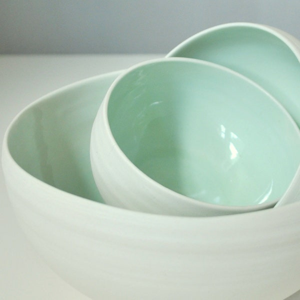 25% Off Sale Three Piece Organic Porcelain Nesting Bowl Set in Sea Foam Green and Modern Unglazed White