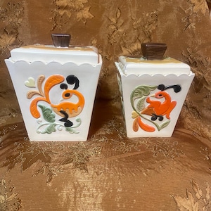 two vintage  mcm ceramic canister 60s 70s hand painted bird of paradise cookie jar mid century