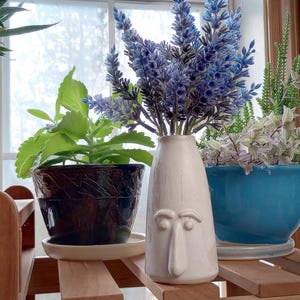 May include: A white ceramic vase with a face sculpted on the front. The vase is filled with purple flowers and is sitting on a wooden shelf with other plants.