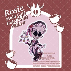 Könnte beinhalten: Ein holografischer herzförmiger Aufkleber mit einer Figur namens Rosie in einem Dienstmädchenkostüm, die ein Etagere mit Cupcakes hält. Der Text lautet Rosie Maid Café Holo Heart Sticker, ergänzt durch einen Hinweis zu unbefugten Verkäufen.