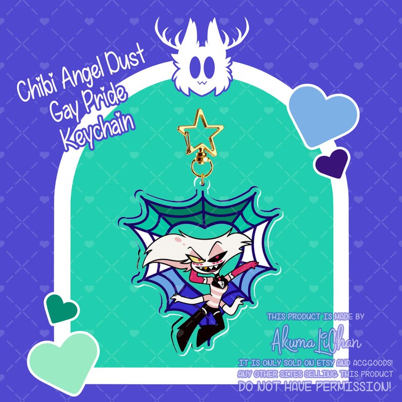 May include: A clear acrylic keychain featuring a chibi-style character with white hair, pink eyes, and a black and pink outfit, positioned under a spiderweb-patterned umbrella. The keychain has a gold star-shaped clasp and includes text.