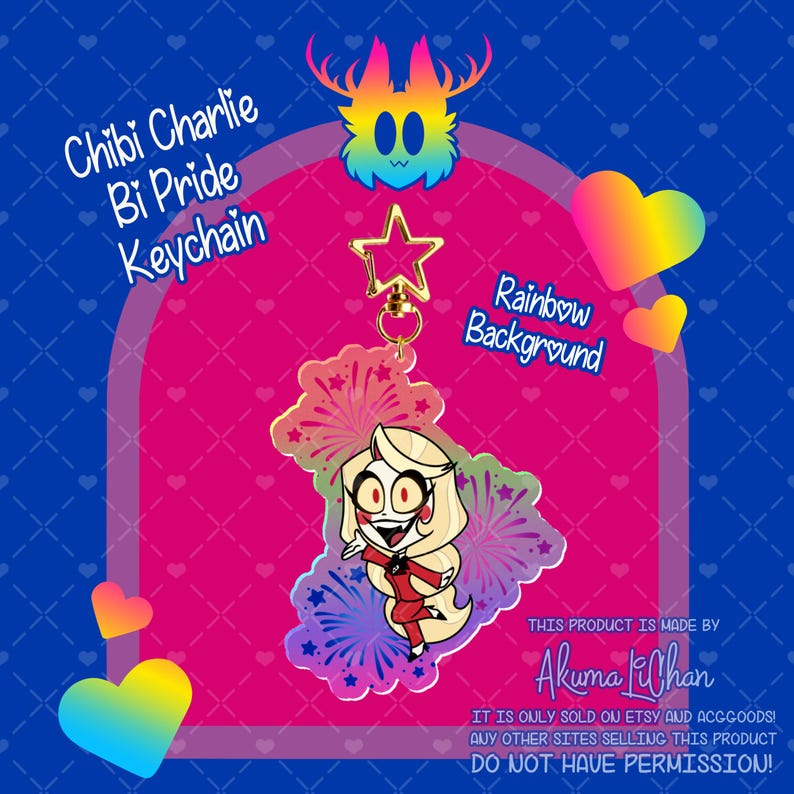 May include: A clear acrylic keyring featuring a chibi-style character with blonde hair and a red suit, surrounded by a colourful firework pattern. The keyring is attached to a gold-coloured star-shaped clasp. Text includes Chibi Charlie Bi Pride Keychain.