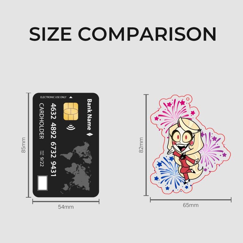 May include: A size comparison graphic featuring a black bank card measuring 85mm by 54mm next to a character keychain measuring 82mm by 65mm. The keychain depicts a blonde character in a red suit surrounded by pink and blue firework illustrations.