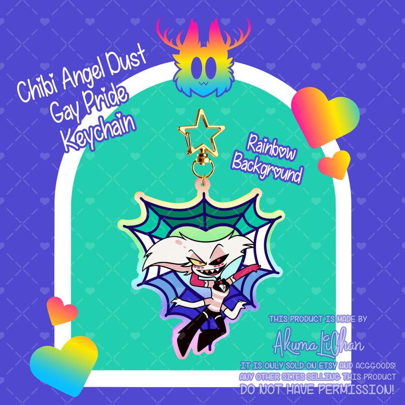 May include: A keychain featuring a chibi character with white hair, pink eyes, and a black outfit, positioned in front of a teal spiderweb design. The keychain has a gold star-shaped clasp. Text includes Chibi Angel Dust Gay Pride Keychain.