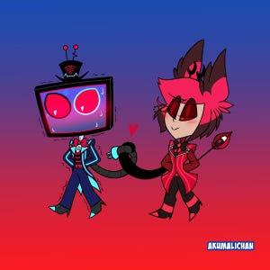 May include: Digital illustration of two cartoon characters on a gradient background. One character has a TV screen for a head and wears a blue suit. The other character is red and black with horns and a tail. A black cable connects them.