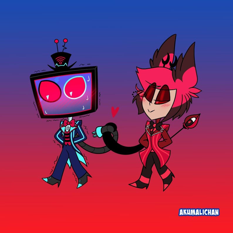 May include: Digital illustration of two cartoon characters on a gradient background. One character has a TV screen for a head and wears a blue suit. The other character is red and black with horns and a tail. A black cable connects them.