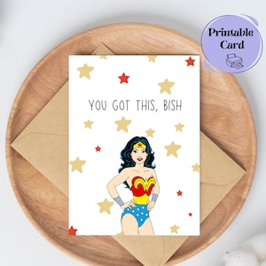 Tarjeta divertida para imprimir, tarjeta divertida para animar, tarjeta de aliento, tarjeta de descarga digital, tarjeta para imprimir, Mujer Maravilla, tarjeta de apoyo