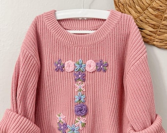 Hand Embroidered floral letter sweater