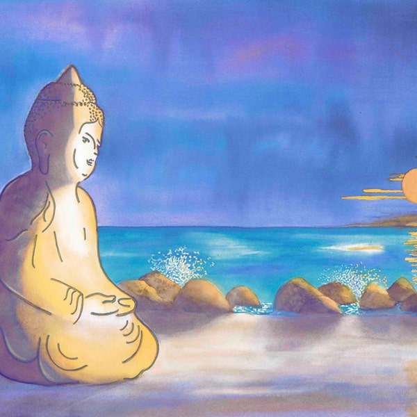 Buddha sitting on beach by the ocean