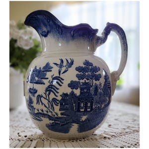 Antique Blue Willow Stoneware Pitcher: 11.5&quot; Transferware Jug, c.1890-1910