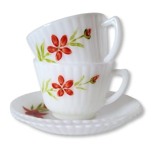 Vintage MacBeth-Evans Petalware Cup and Saucer Set – Monax White Depression Glass with Hand-Painted Red Flowers–1930s  (Price is for both)