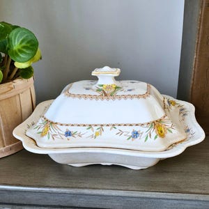 Vintage Steubenville Covered Footed Casserole Dish, Rectangular, Floral Transferware 1930s